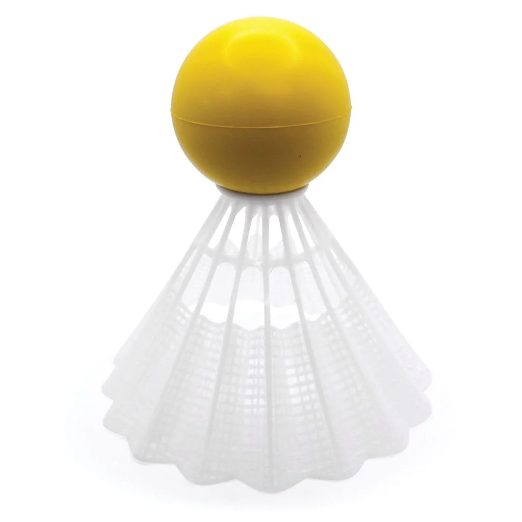 The Bishop Sports Giant Shuttlecock is a yellow plastic shuttlecock with a rounded top and white open net skirt, perfect for outdoor games. Shown against a plain background.
