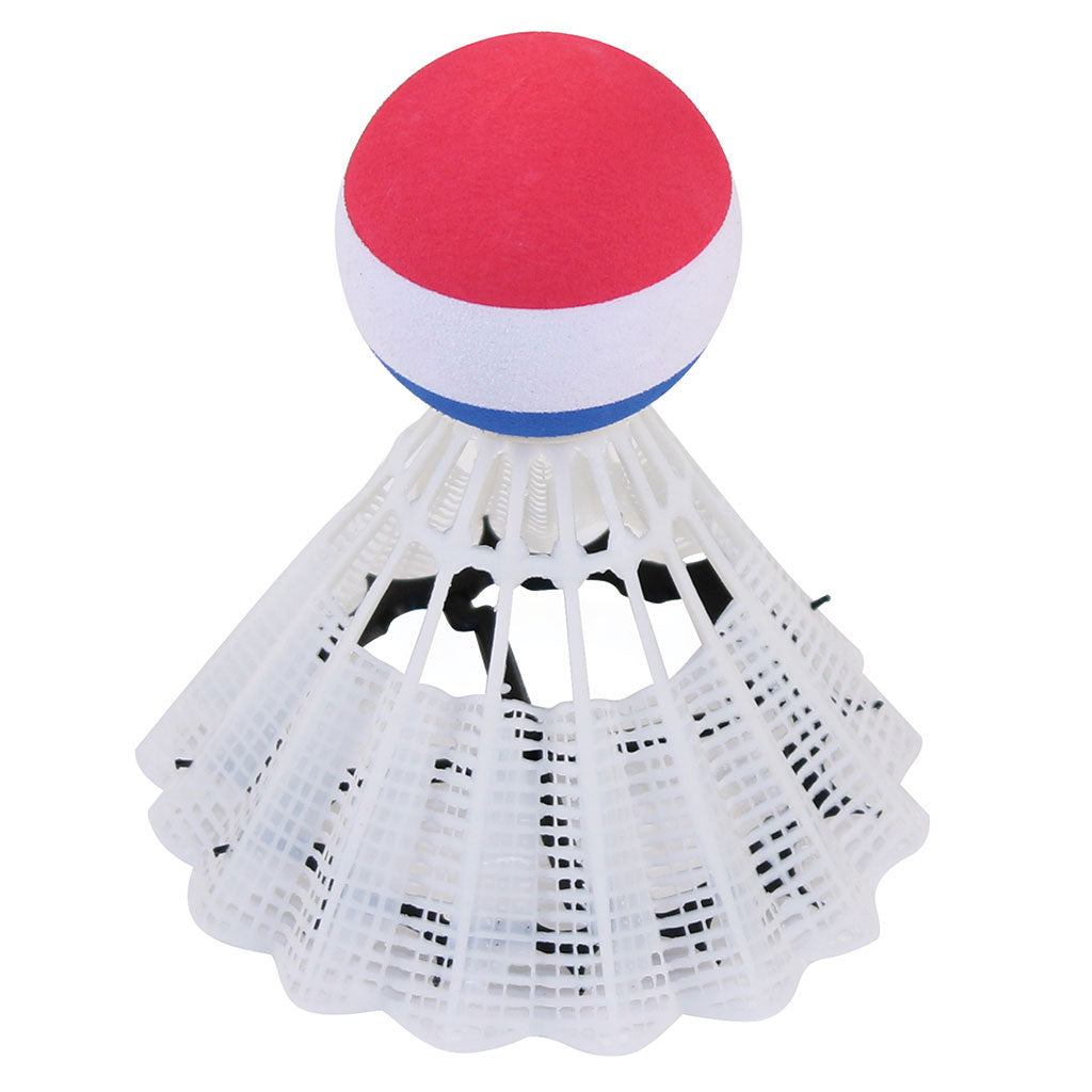 The Bishop Sports Giant Shuttlecock features a white plastic design with a red, white, and blue-striped ball tip, ideal for outdoor throwing games that boost hand-eye coordination. Shown against a plain white background.