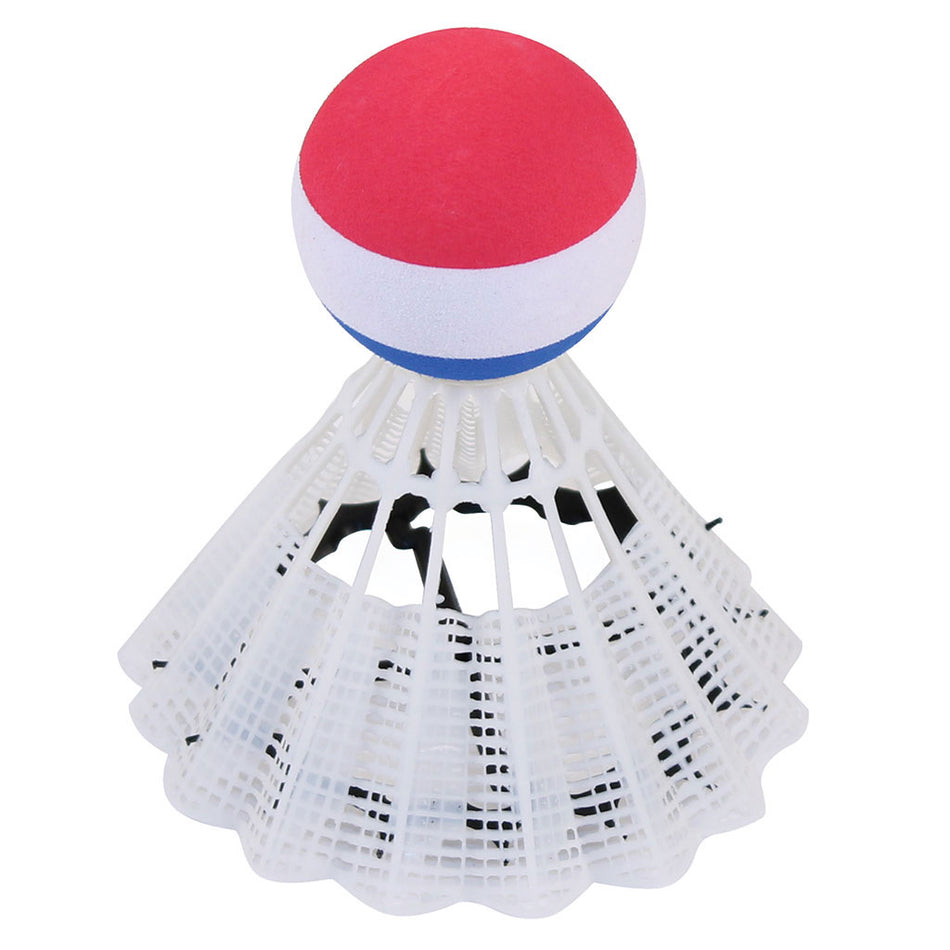 The Bishop Sports Giant Shuttlecock features a white plastic design with a red, white, and blue-striped ball tip, ideal for outdoor throwing games that boost hand-eye coordination. Shown against a plain white background.