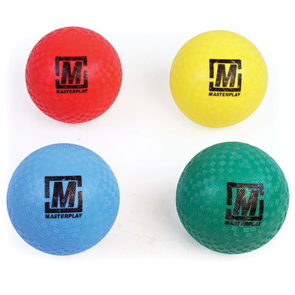 The Mastersport Playground Balls set includes four durable, textured rubber balls in red, yellow, blue, and green, each displaying a large black Mastersport logo. The balls are shown arranged in a grid on a white background.