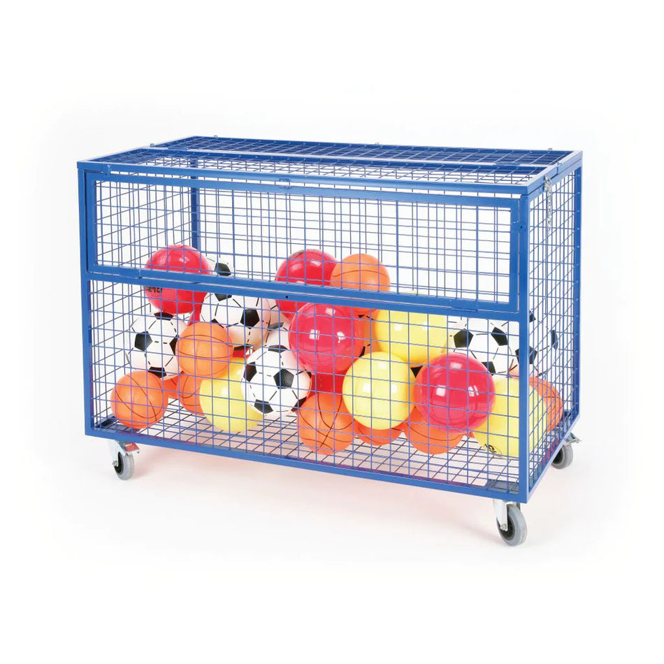 The Mastersport Mesh Storage Trolley is a blue steel construction on wheels, filled with various colorful balls (red, yellow, orange, and black-and-white soccer balls), perfect for heavy-duty storage and easy transport.