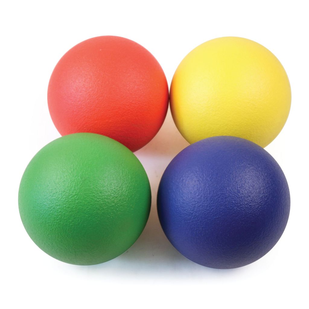 Mastersport Coated Foam Balls (15cm) in red, yellow, green, and blue are arranged in a square on white background—ideal for indoor/outdoor play and quick to clean after use.