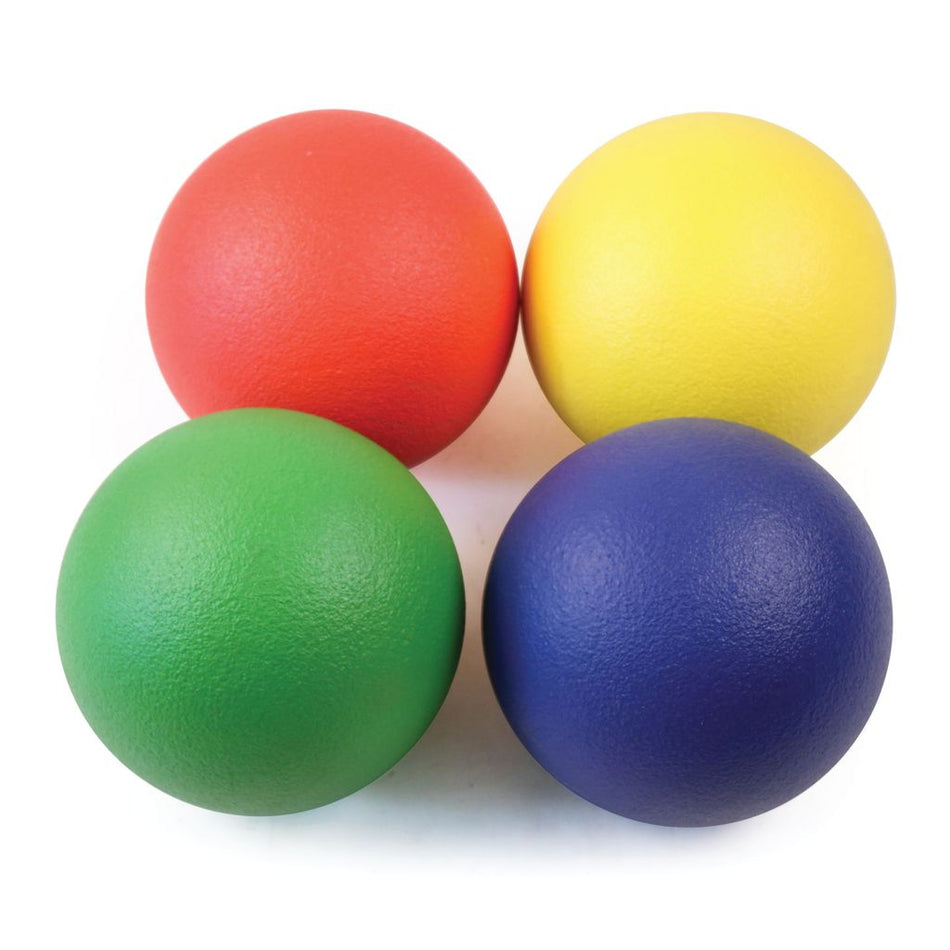 Mastersport Coated Foam Balls (15cm) in red, yellow, green, and blue are arranged in a square on white background—ideal for indoor/outdoor play and quick to clean after use.