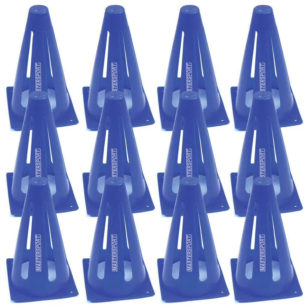 Set of 12 blue Mastersport Flexi cones (23cm tall) arranged in 4 rows of 3, perfect for agility drills or goals. Each cone is branded with the Mastersport logo.