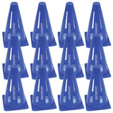 Set of 12 blue Mastersport Flexi cones (23cm tall) arranged in 4 rows of 3, perfect for agility drills or goals. Each cone is branded with the Mastersport logo.
