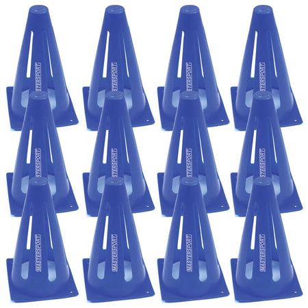 Set of 12 blue Mastersport Flexi cones (23cm tall) arranged in 4 rows of 3, perfect for agility drills or goals. Each cone is branded with the Mastersport logo.