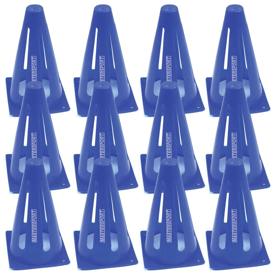 Set of 12 blue Mastersport Flexi cones (23cm tall) arranged in 4 rows of 3, perfect for agility drills or goals. Each cone is branded with the Mastersport logo.
