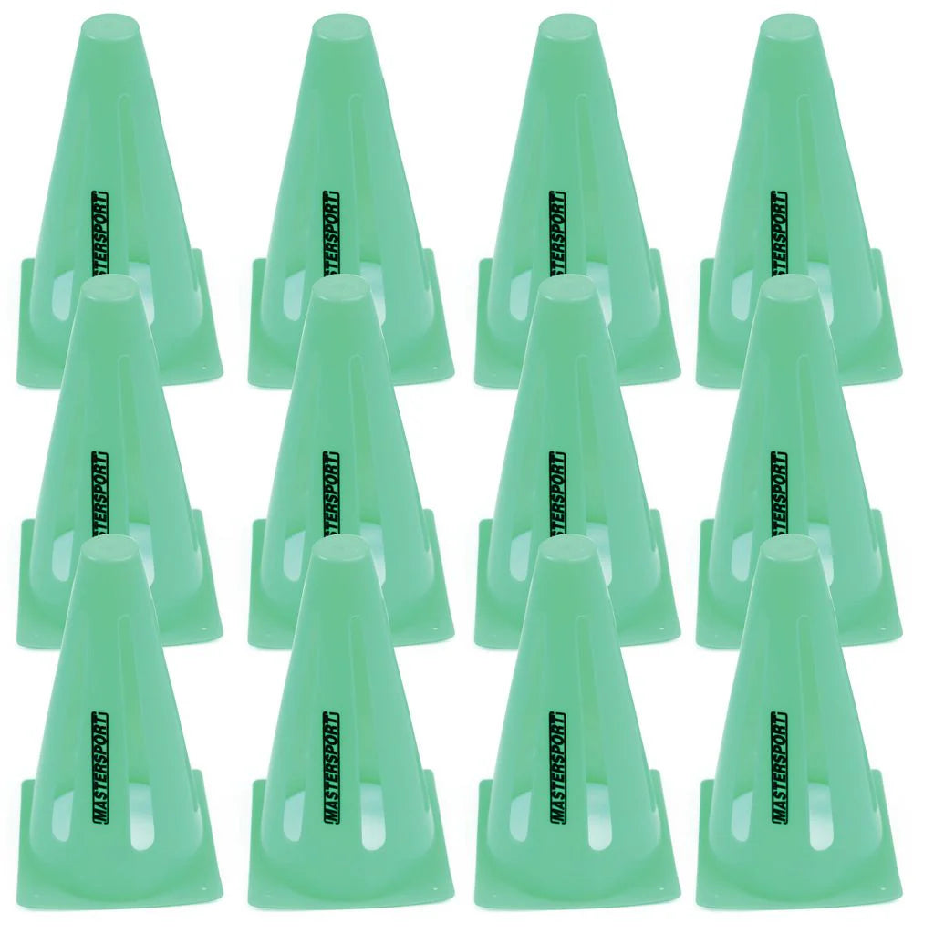 A set of 12 green Mastersport Flexi cones (23cm tall, plastic, triangular cutouts, “SKATER TRAIN” label) by Mastersport, arranged in four rows for agility training or marking goals, displayed on a white background.