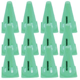 A set of 12 green Mastersport Flexi cones (23cm tall, plastic, triangular cutouts, “SKATER TRAIN” label) by Mastersport, arranged in four rows for agility training or marking goals, displayed on a white background.
