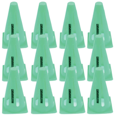 A set of 12 green Mastersport Flexi cones (23cm tall, plastic, triangular cutouts, “SKATER TRAIN” label) by Mastersport, arranged in four rows for agility training or marking goals, displayed on a white background.
