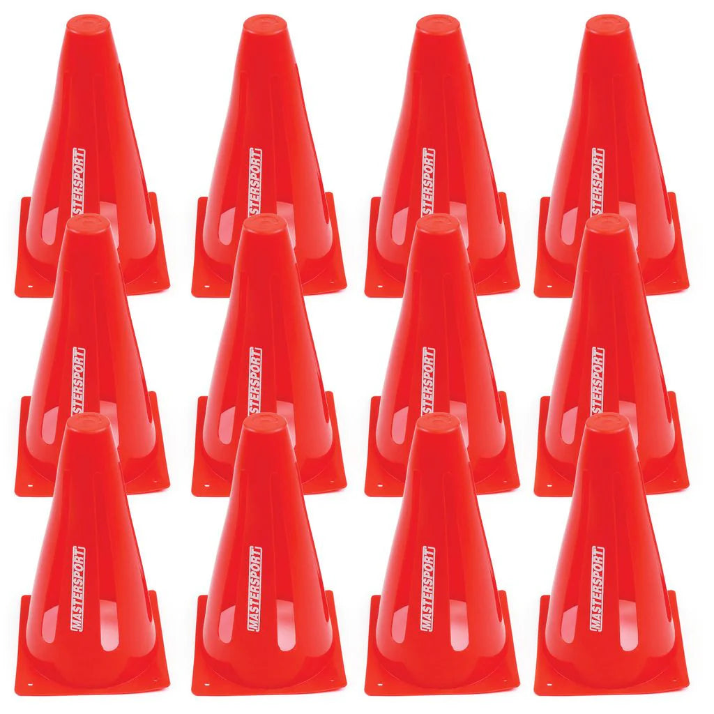 A set of 12 Mastersport Flexi cones by Mastersport, each red and 23cm tall, is arranged in a tidy 4x3 grid with white vertical labels—ideal for agility training or marking goals.