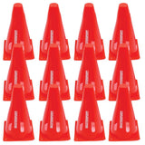 A set of 12 Mastersport Flexi cones by Mastersport, each red and 23cm tall, is arranged in a tidy 4x3 grid with white vertical labels—ideal for agility training or marking goals.