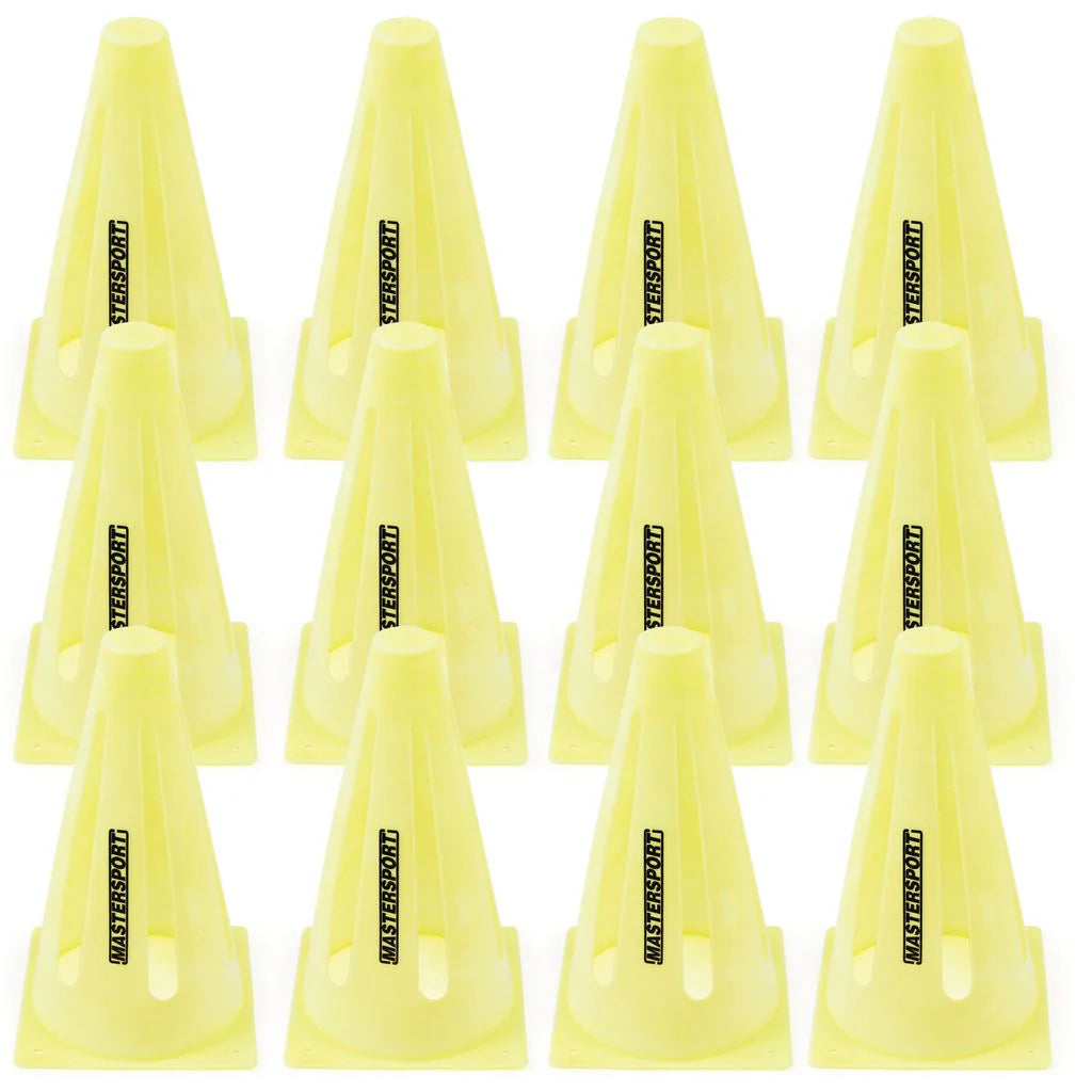 Set of 12 yellow Mastersport Flexi cones, perfect for marking goals or agility drills. Each cone features the Mastersport brand and can be arranged in multiple rows for versatile sports training.