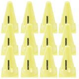 Set of 12 yellow Mastersport Flexi cones, perfect for marking goals or agility drills. Each cone features the Mastersport brand and can be arranged in multiple rows for versatile sports training.