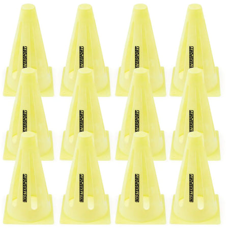 Set of 12 yellow Mastersport Flexi cones, perfect for marking goals or agility drills. Each cone features the Mastersport brand and can be arranged in multiple rows for versatile sports training.