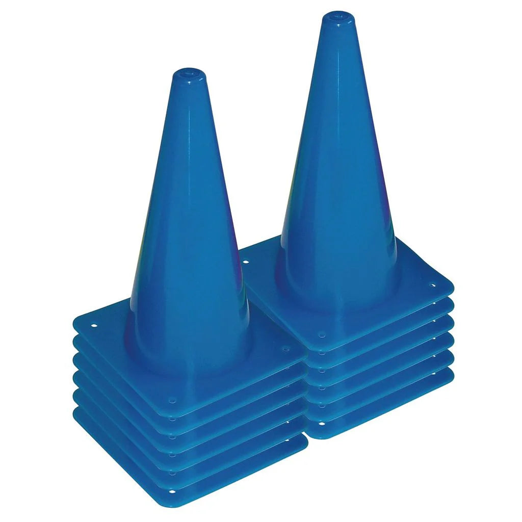 Two side-by-side stacks of Bishop Sports Plastic Cones - 30cm (Set of 12), blue in color, each with five square-based, pointed cones commonly used as training equipment.