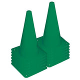 Two stacks of Bishop Sports Plastic Cones - 30cm (Set of 12), in bright green, with square bases, are neatly arranged side by side against a white background.