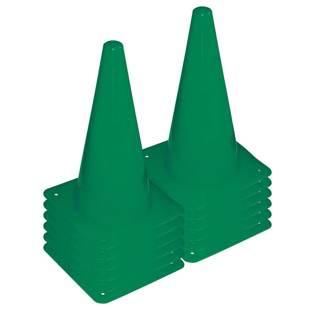 Two stacks of Bishop Sports Plastic Cones - 30cm (Set of 12), in bright green, with square bases, are neatly arranged side by side against a white background.