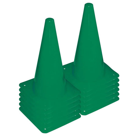Two stacks of Bishop Sports Plastic Cones - 30cm (Set of 12), in bright green, with square bases, are neatly arranged side by side against a white background.