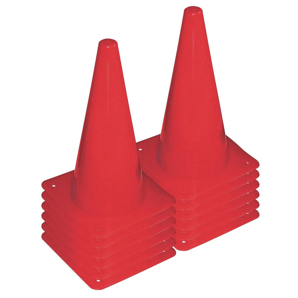 The Bishop Sports Plastic Cones - 30cm (Set of 12) in bright red are displayed side by side on a white background—ideal sports training equipment for drills and exercises.