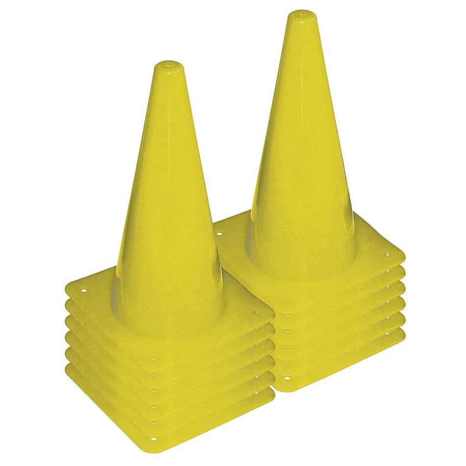 Two stacks of yellow Bishop Sports Plastic Cones - 30cm (Set of 12), each with six cones, are arranged side by side on a white background—ideal sports training equipment.