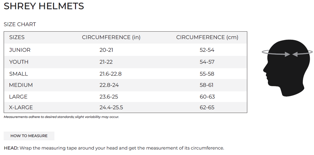 Shrey Armor 2.0 Mild Steel Helmet size chart by Shrey displays head circumference ranges (inches/cm) for Junior to X-Large sizes, plus an illustration showing how to measure your head for the best helmet fit.