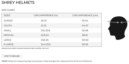 Shrey Armor 2.0 Mild Steel Helmet size chart by Shrey displays head circumference ranges (inches/cm) for Junior to X-Large sizes, plus an illustration showing how to measure your head for the best helmet fit.