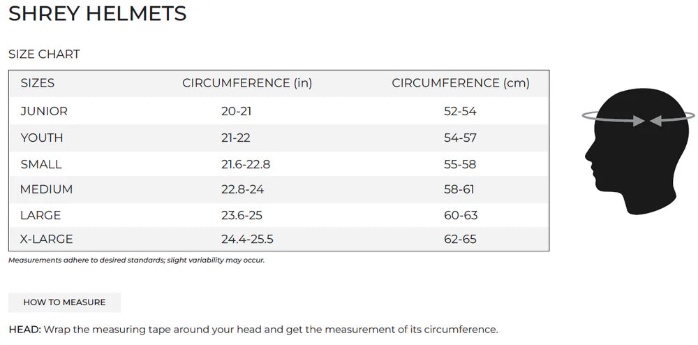 The size chart for Shrey Custom Cricket Helmets with Club Logo shows Junior to X-Large head sizes in inches and cm, includes a measuring guide, and details club logo and custom embroidery options. Brand: Shrey.