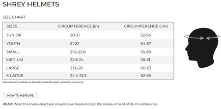 The size chart for Shrey Custom Cricket Helmets with Club Logo shows Junior to X-Large head sizes in inches and cm, includes a measuring guide, and details club logo and custom embroidery options. Brand: Shrey.
