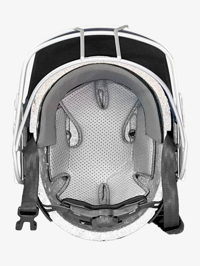 Top-down view of the Shrey Classic 2.0 Steel Helmet - Junior by Shrey, showing black shell, gray padding, mesh lining, black chin strap, silver faceguard, ABS composite for durability, and advanced airflow for comfort.