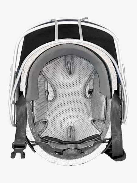 Top-down view of the Shrey Classic 2.0 Steel Helmet - Junior by Shrey, showing black shell, gray padding, mesh lining, black chin strap, silver faceguard, ABS composite for durability, and advanced airflow for comfort.
