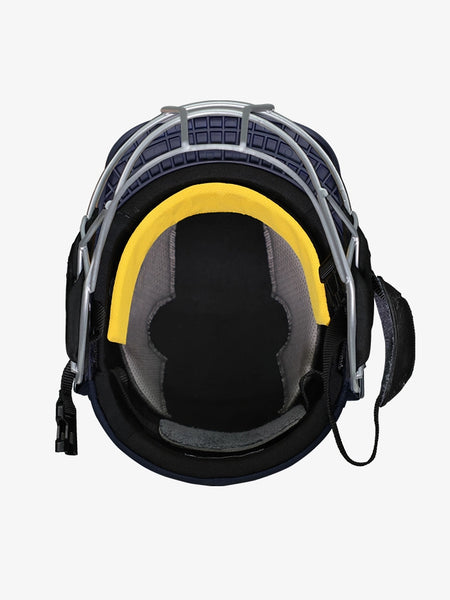 Top view of the Shrey Elite Pro Stainless Steel Helmet by Shrey, featuring yellow padded lining, a black interior, and a stainless steel grille for high-impact protection of head and face.