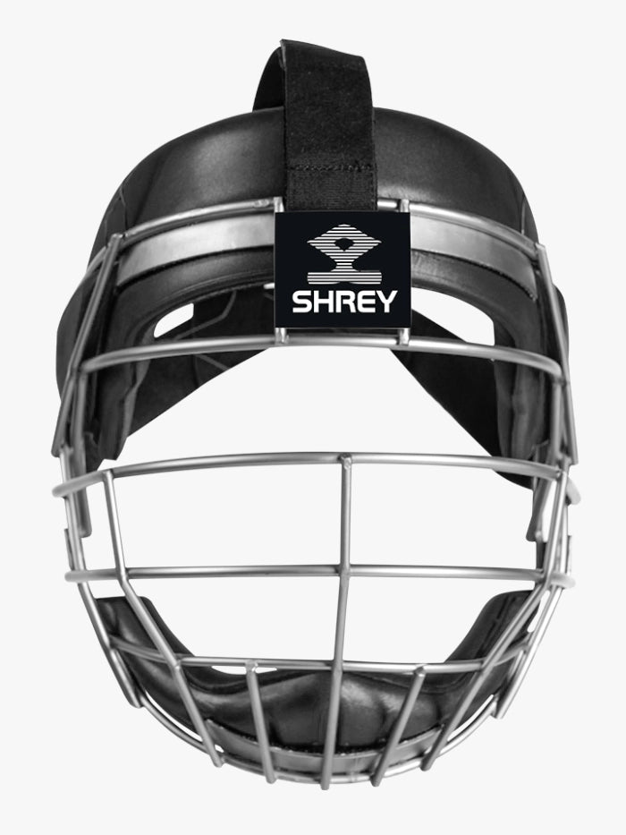 Black cricket helmet with metal cage and 'Shrey' branding on a white background