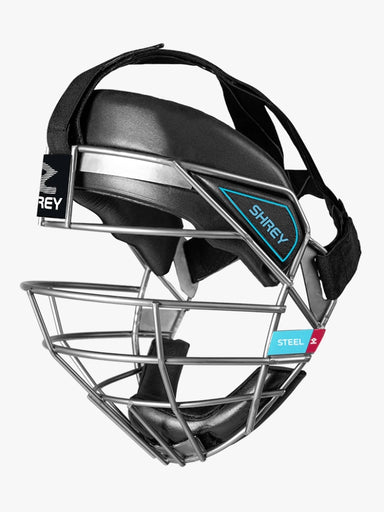 Black and silver cricket helmet with a cage on a white background