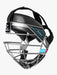 Black and silver cricket helmet with a cage on a white background