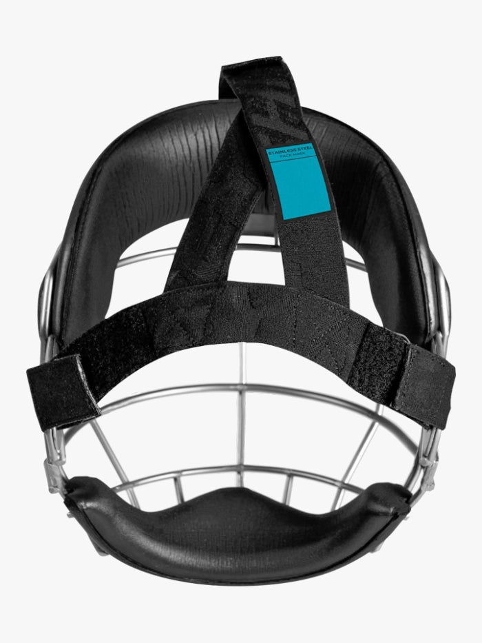 Front view of the Shrey Stainless Steel Face Mask by Shrey, featuring a black and silver finish, padded interior, adjustable black straps with a blue label on top, designed for hockey use and short corner protection.