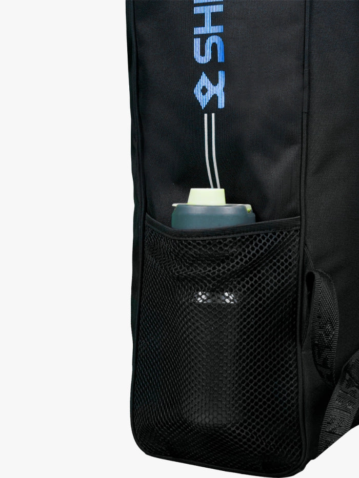 Close-up of a black Shrey duffle bag with mesh side pocket holding a water bottle. Blue and white text partially visible at the top. Ideal for carrying your Shrey Storm Cricket Set (Kashmir Willow) by Shrey.