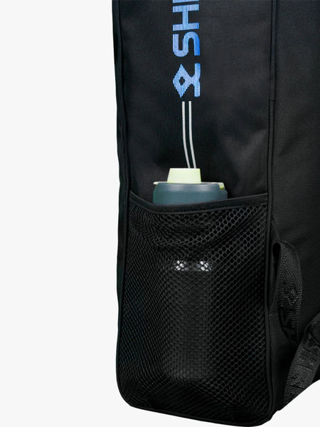 Close-up of a black Shrey duffle bag with mesh side pocket holding a water bottle. Blue and white text partially visible at the top. Ideal for carrying your Shrey Storm Cricket Set (Kashmir Willow) by Shrey.