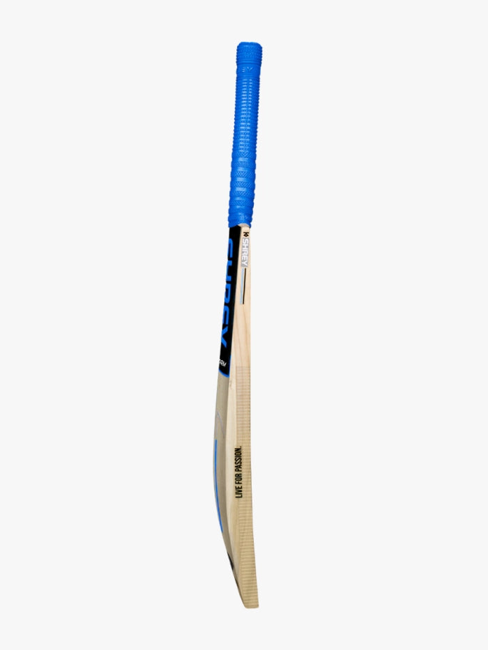 The Shrey Storm Cricket Set (Kashmir Willow) by Shrey features a light-colored blade with a blue grip, displayed vertically against a plain white background—ideal for enhancing your cricket set.