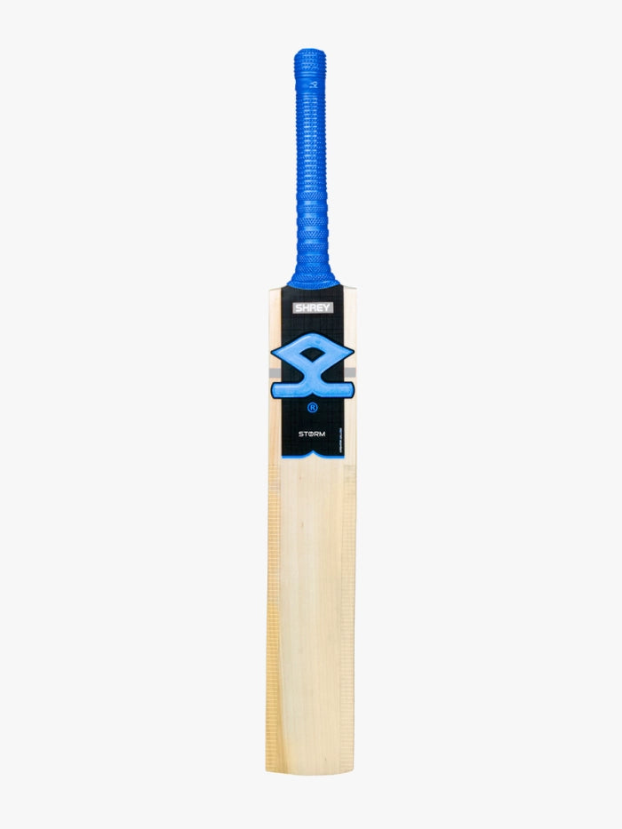 The Shrey Storm Cricket Set (Kashmir Willow) bat by Shrey features a blue rubber grip and a black and blue logo label on the front, shown upright against a plain white background.