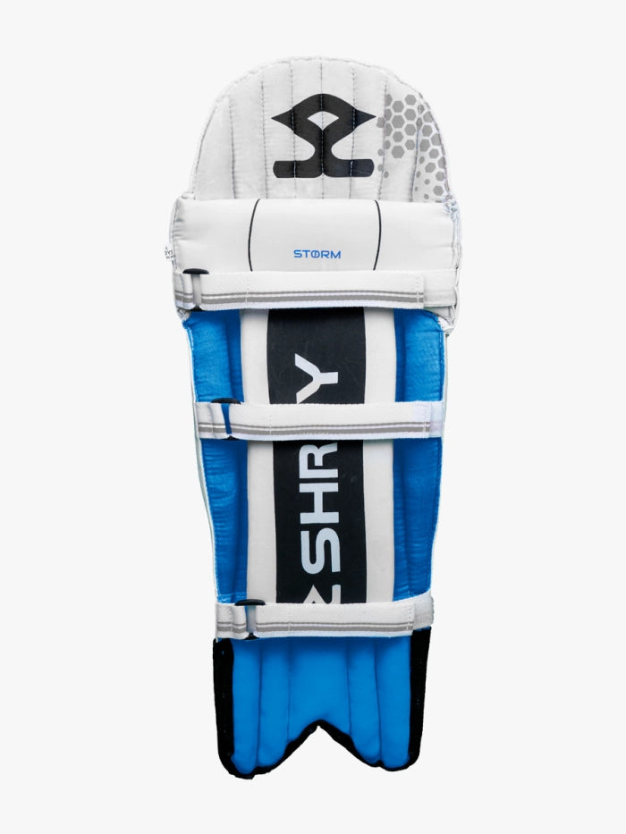 A single blue, white, and black Shrey batting pad (STORM) is shown against a plain white background—ideal to pair with your Shrey Storm Cricket Set (Kashmir Willow) or carry in your Shrey Duffle Bag.