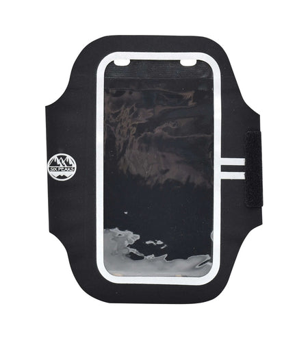 The Six Peaks Armband Phone Holder is a black workout armband with a clear front window, white trim, Velcro strap, and the Six Peaks mountain logo—an ideal universal phone holder for active lifestyles and running.