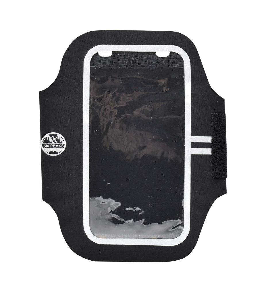 The Six Peaks Armband Phone Holder is a black workout armband with a clear front window, white trim, Velcro strap, and the Six Peaks mountain logo—an ideal universal phone holder for active lifestyles and running.