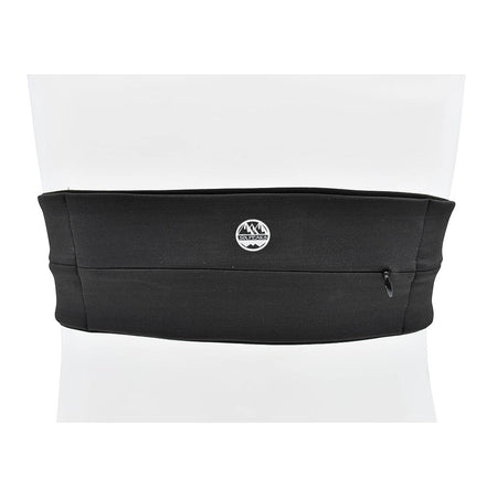 The Six Peaks Running Slim Lightweight Waistband, a black belt with a small zippered pocket and circular mountain logo, is shown against a white background.