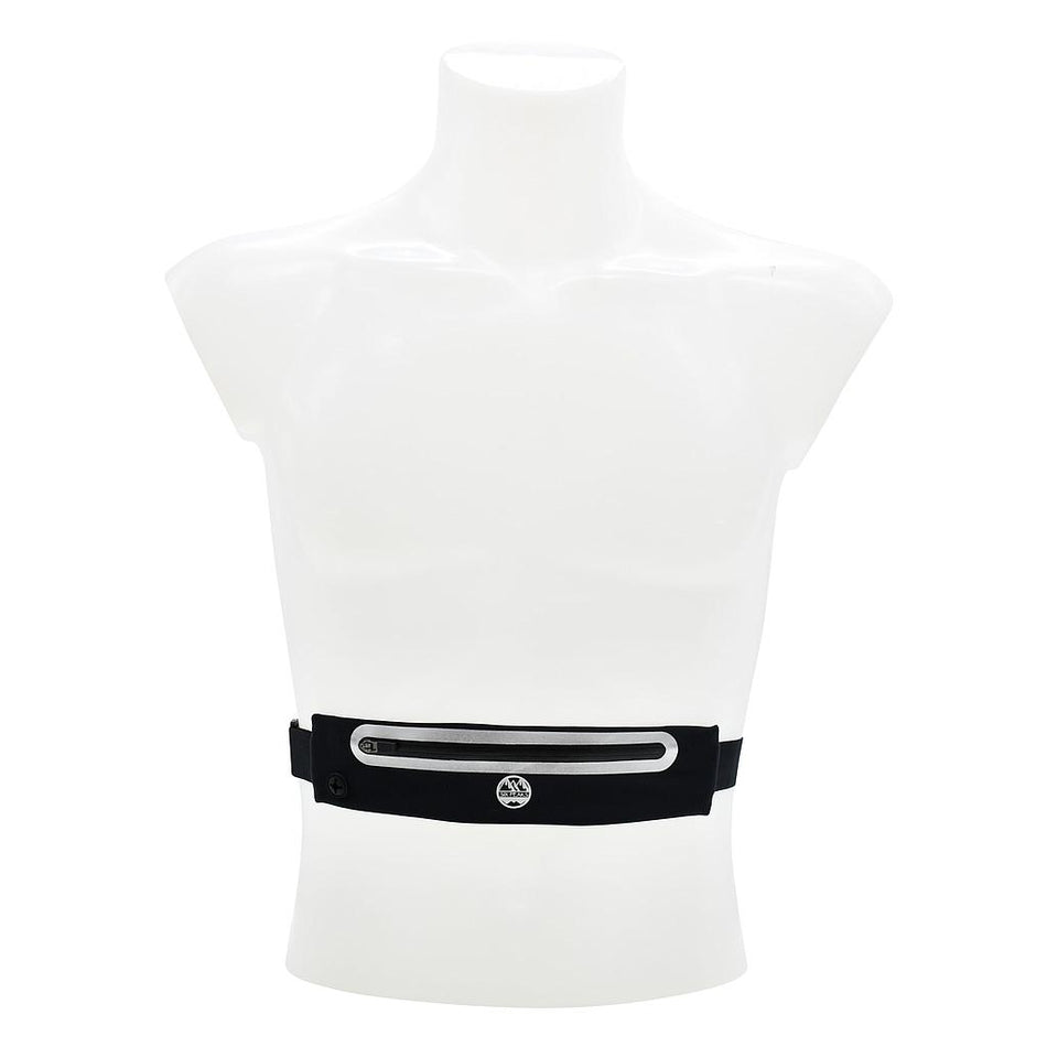 The Six Peaks Reflective Running Expandable Waist Belt, shown on a white torso mannequin, is black with a zippered pocket, reflective strip, logo on the front, and an adjustable waist band.