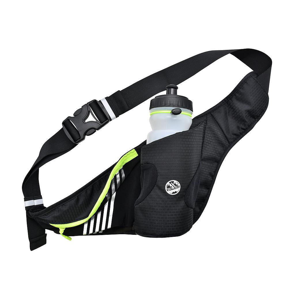 The Six Peaks Running Waist Belt with Bottle Holder features a black design with neon green zipper, white diagonal stripes, water-resistant pouch, adjustable strap, plastic buckle, and secure bottle holder for hands-free running.
