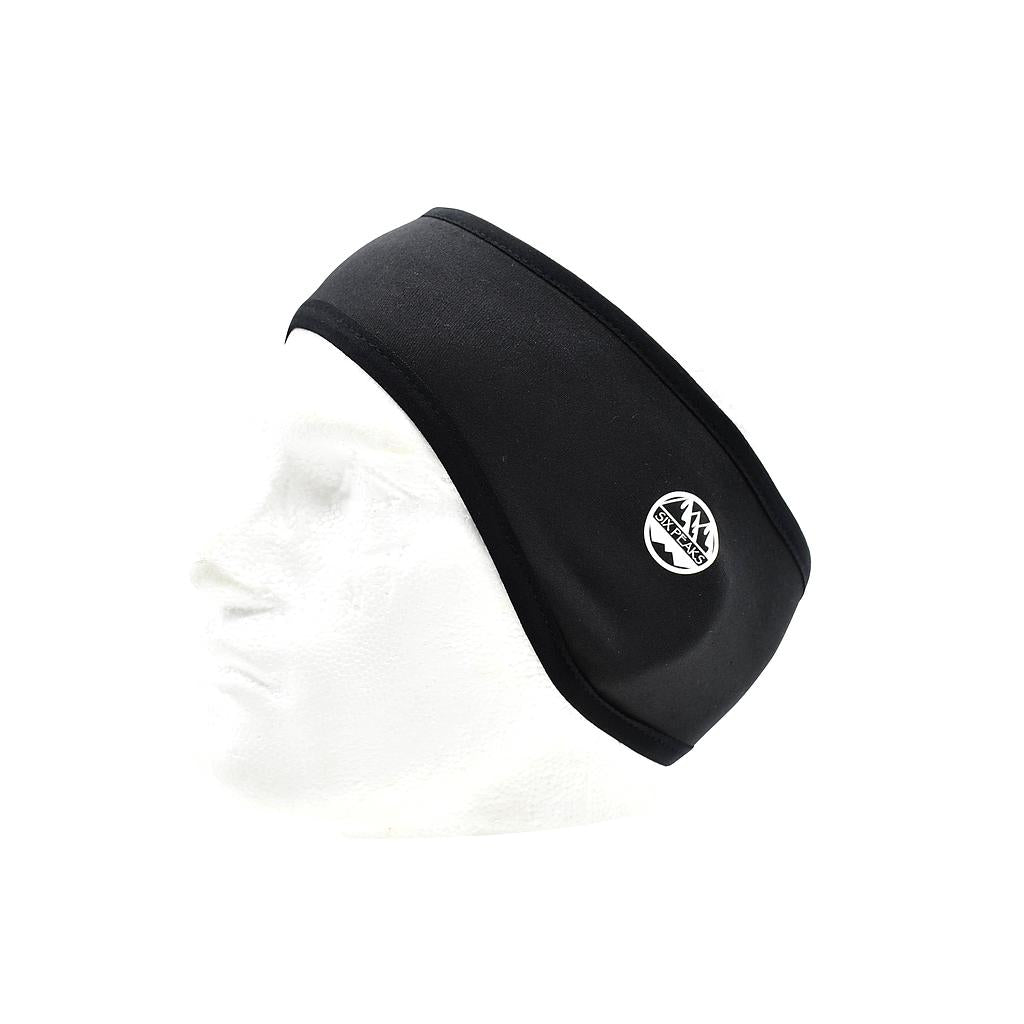 The Six Peaks Winter Ear Warmer by Six Peaks is a black fleece-lined athletic headband with a white logo, shown on a white mannequin head in profile, facing left, for added comfort and warmth.
