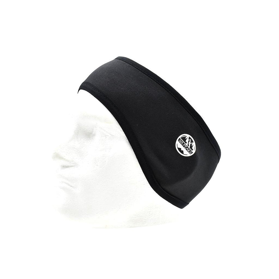 The Six Peaks Winter Ear Warmer by Six Peaks is a black fleece-lined athletic headband with a white logo, shown on a white mannequin head in profile, facing left, for added comfort and warmth.