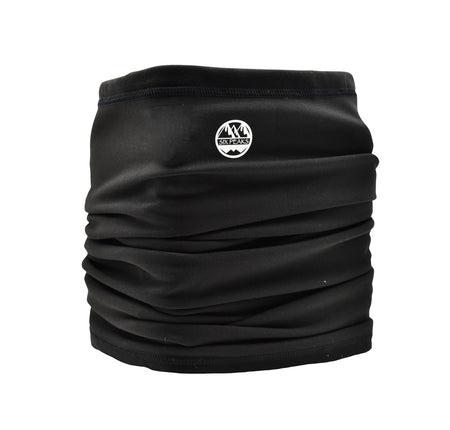 The Six Peaks Winter Neck Warmer is black with a small white mountain logo and "SIX PEAKS" text on the front. Its soft, slightly gathered fabric is wind resistant for added comfort in cold weather.