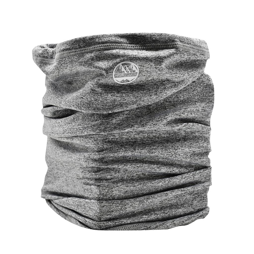 The Six Peaks Winter Neck Warmer is a gray, heathered fleece-lined gaiter with subtle wrinkles and a small circular mountain logo near the top, designed to keep you cozy and wind resistant all winter.